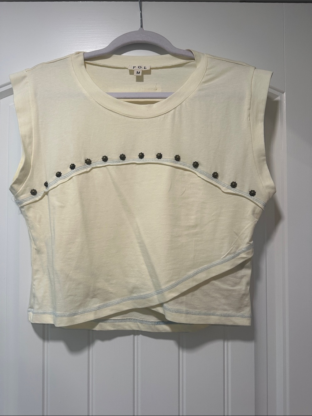 POL Cream Cropped Sleeveless Top with Dark Bead Trim